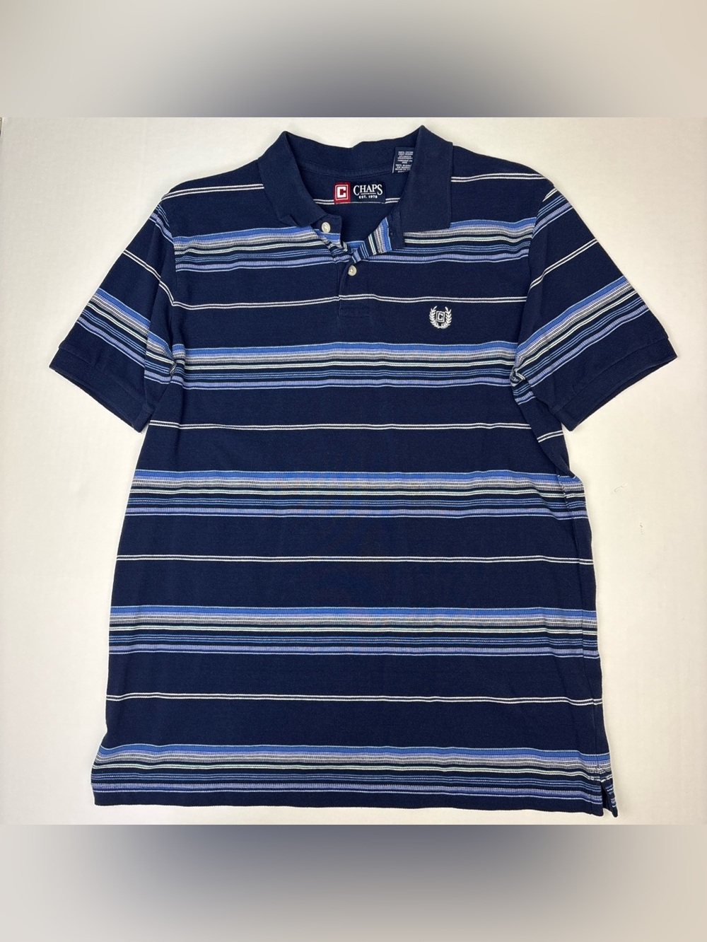 Chaps Men Medium Polo Shirt Navy Light Blue White Stripes Short Sleeve Preppy